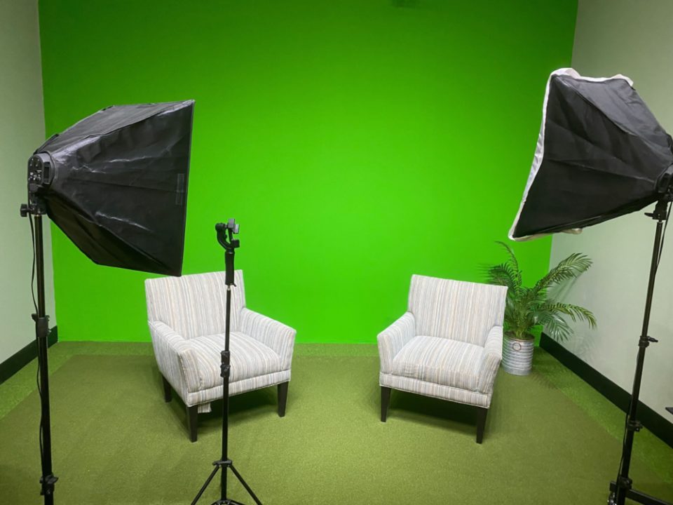 production room, green screen, seating, lighting