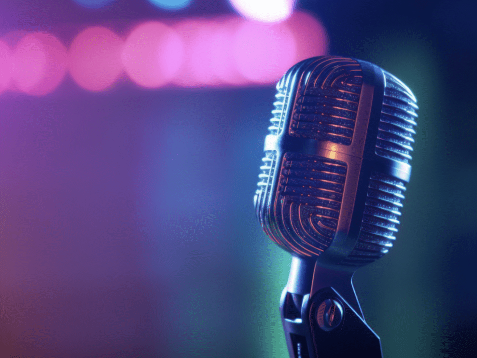 Microphone in a dark room that is lit by purple and blue lights.