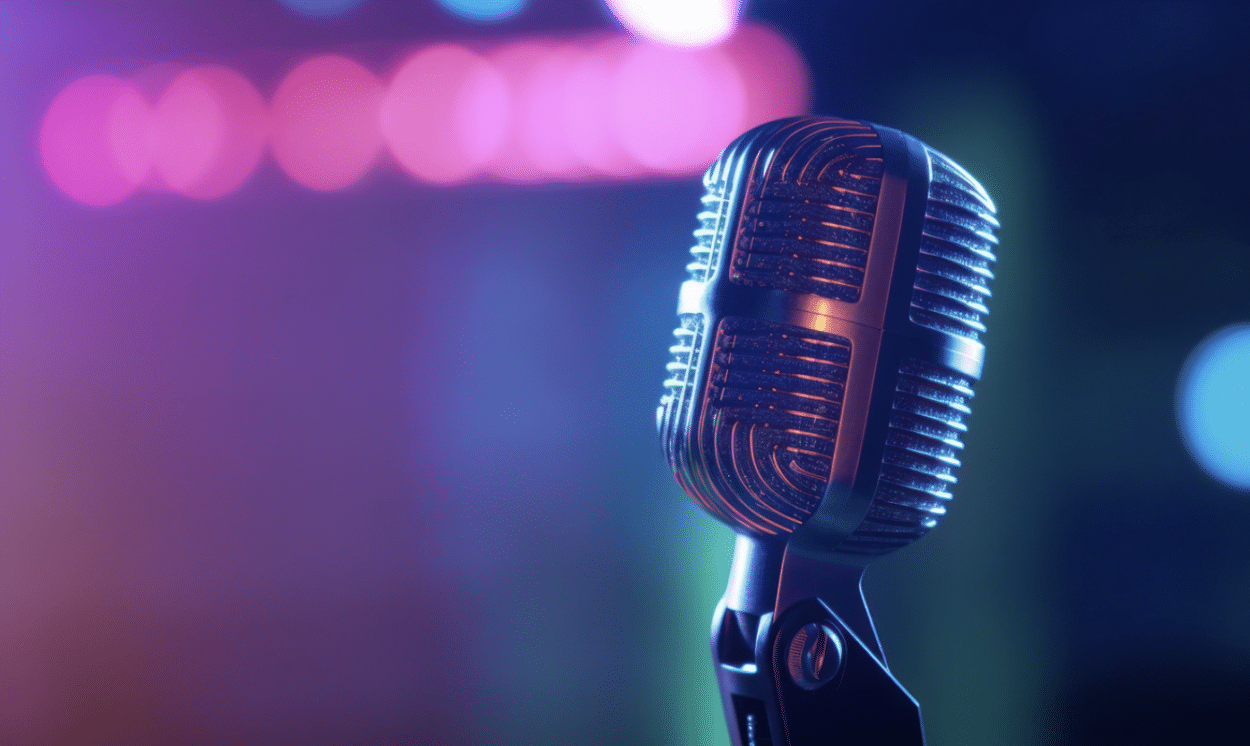 Microphone in a dark room that is lit by purple and blue lights.