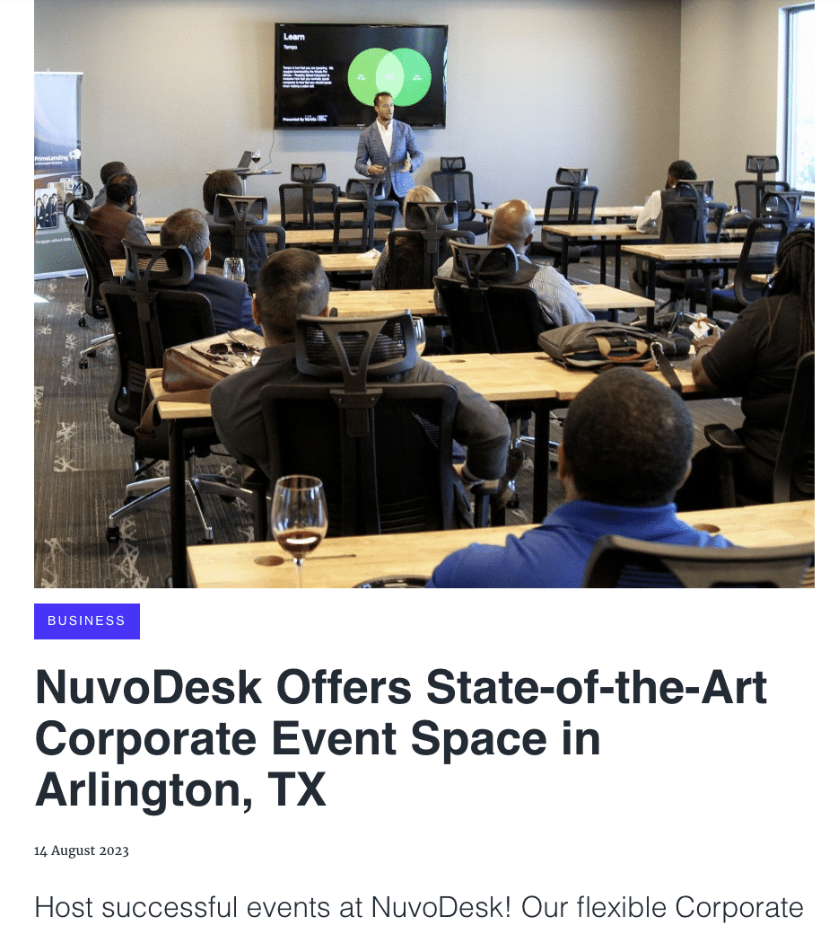 Press Release: NuvoDesk Offers State-of-the-Art Corporate Event Space in Arlington, TX