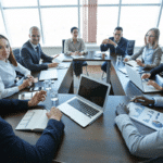 business meeting: diverse group of people sitting around a conference table with laptops and notepads