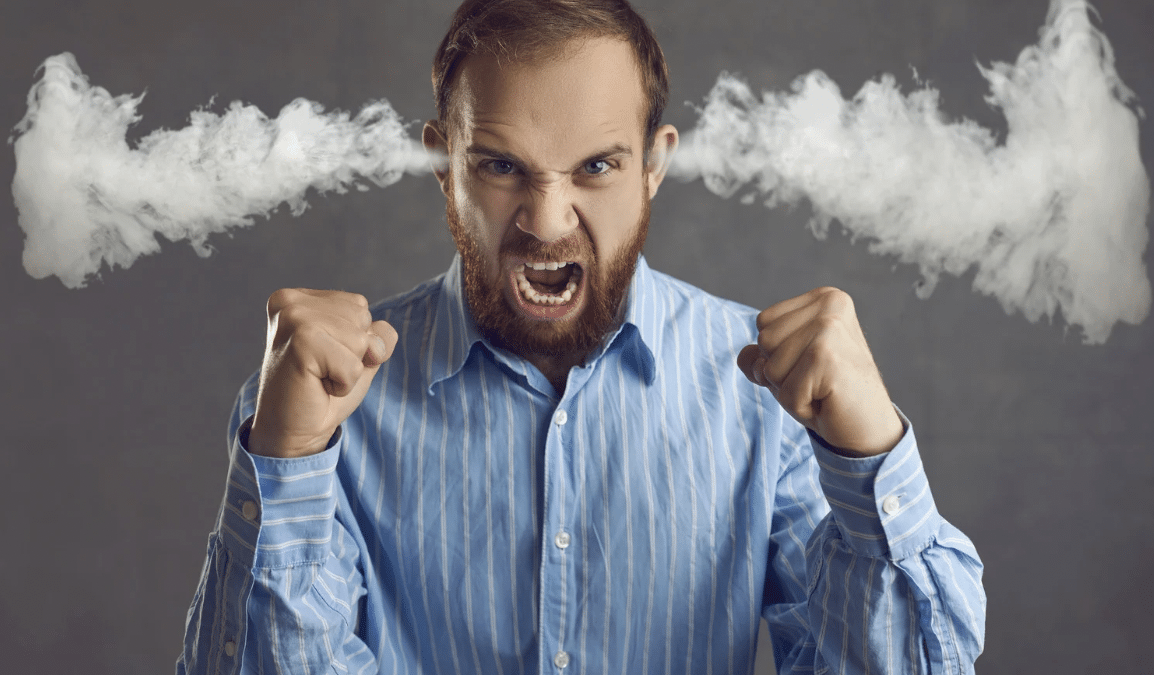 de-escalation techniques: angry man with steam coming out of ears