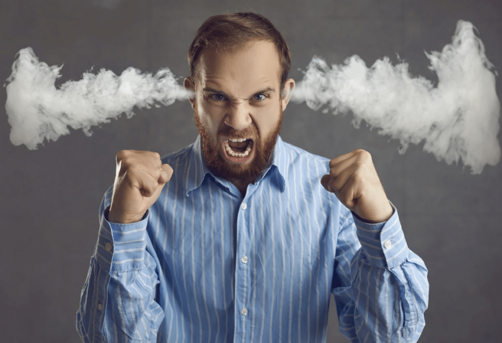 de-escalation techniques: angry man with steam coming out of ears ‣ NuvoDesk Coworking de-escalation techniques: angry man with steam coming out of ears