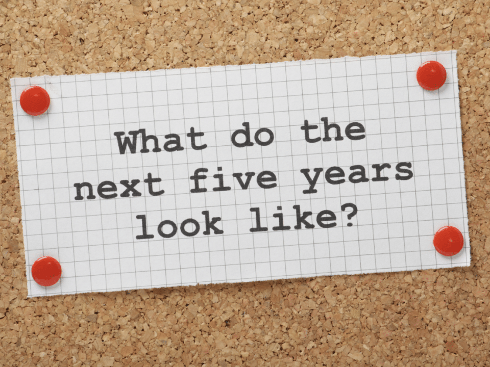 5-year plan: grid paper tacked on bulletin board reads "what to the next five years look like?"