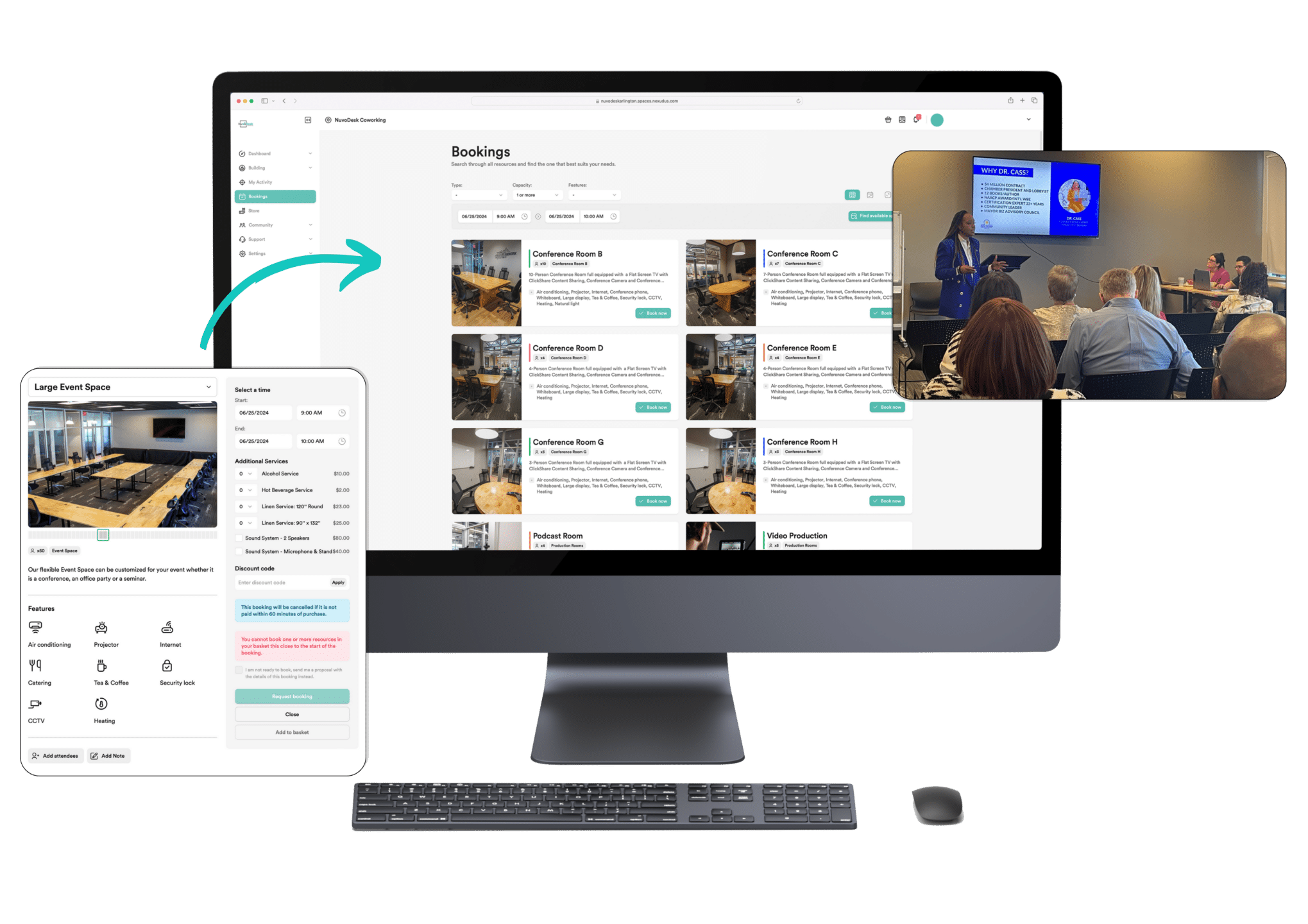 nuvodesk booking system in portal as a tenant and image of dr. casandra speaking at an event using one of the event spaces