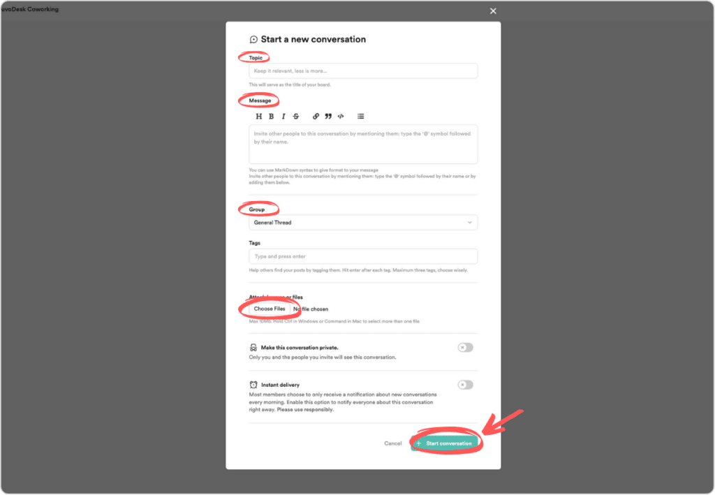 NuvoDesk Discussion Boards Start Conversation Steps