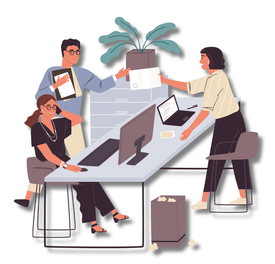 130 ‣ NuvoDesk Coworking 	An illustration of a man pointing at a chart on a monitor displaying an upward trend line, suggesting a business presentation or analysis.