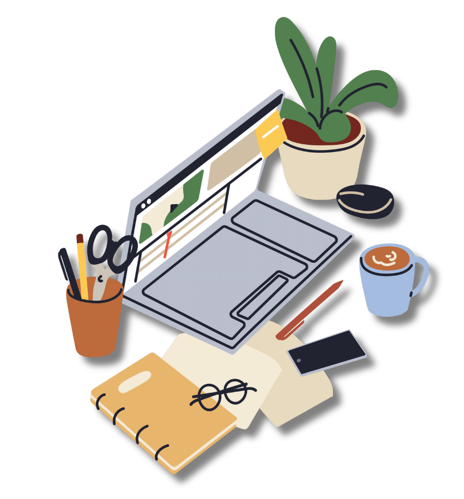 131 ‣ NuvoDesk Coworking An illustration from a top-down view showing a laptop surrounded by desk items, including a potted plant, coffee mug, pencils, scissors, a notebook, and a cell phone.