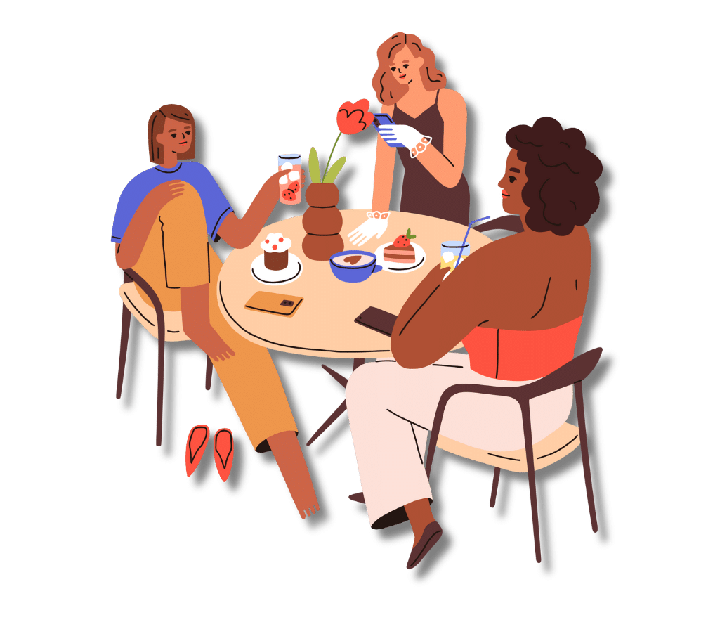 132 ‣ NuvoDesk Coworking An illustration of three women casually sitting around a small table, talking, having drinks and dessert, suggesting a social or networking break.