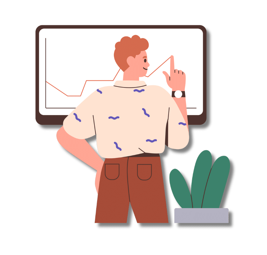 133 ‣ NuvoDesk Coworking An illustration of a man pointing at a chart on a monitor displaying an upward trend line, suggesting a business presentation or analysis.
