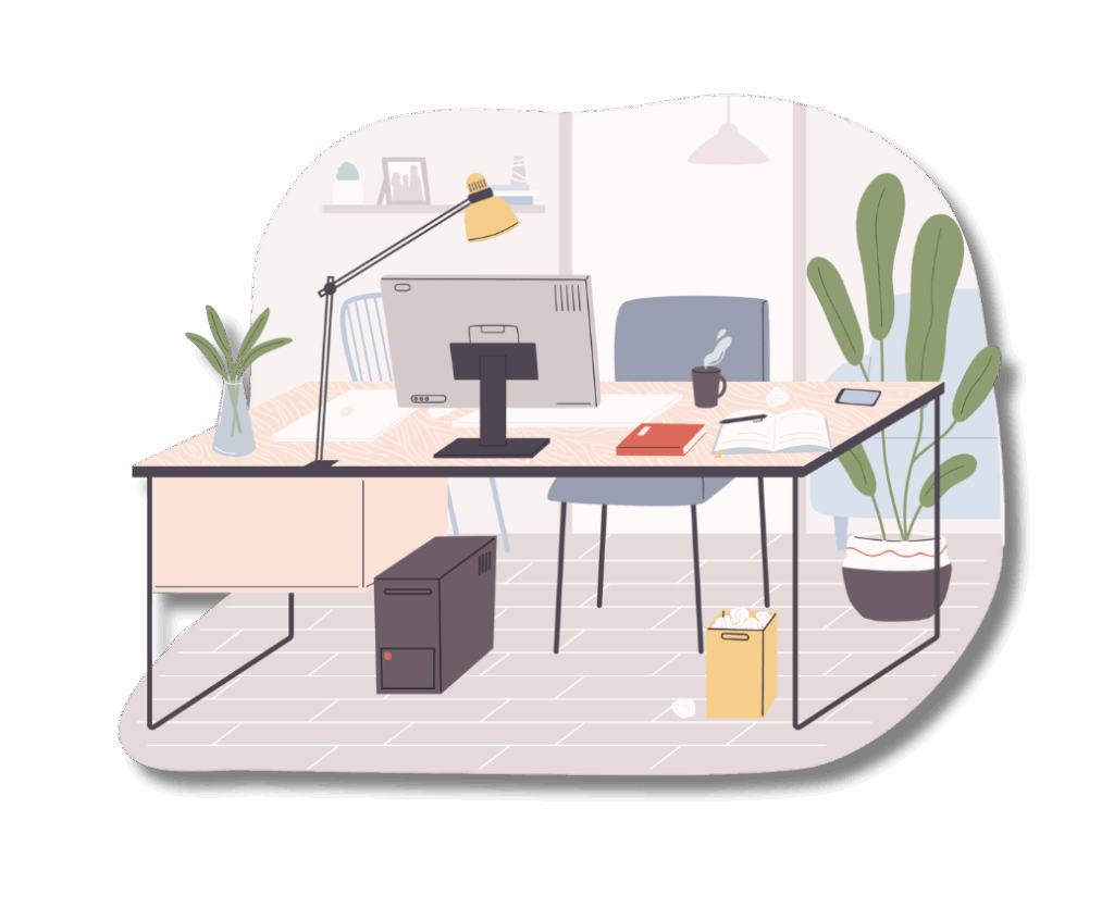 NuvoDesk Blogs pt2 22 ‣ NuvoDesk Coworking An illustration of a clean, minimalist personal office desk with a computer, lamp, plant, chair, and a wastebasket.