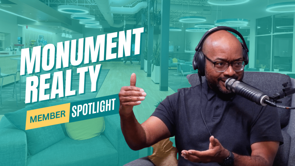 NuvoDesk member spotlight featuring Monument Realty agent recording podcast in coworking space
