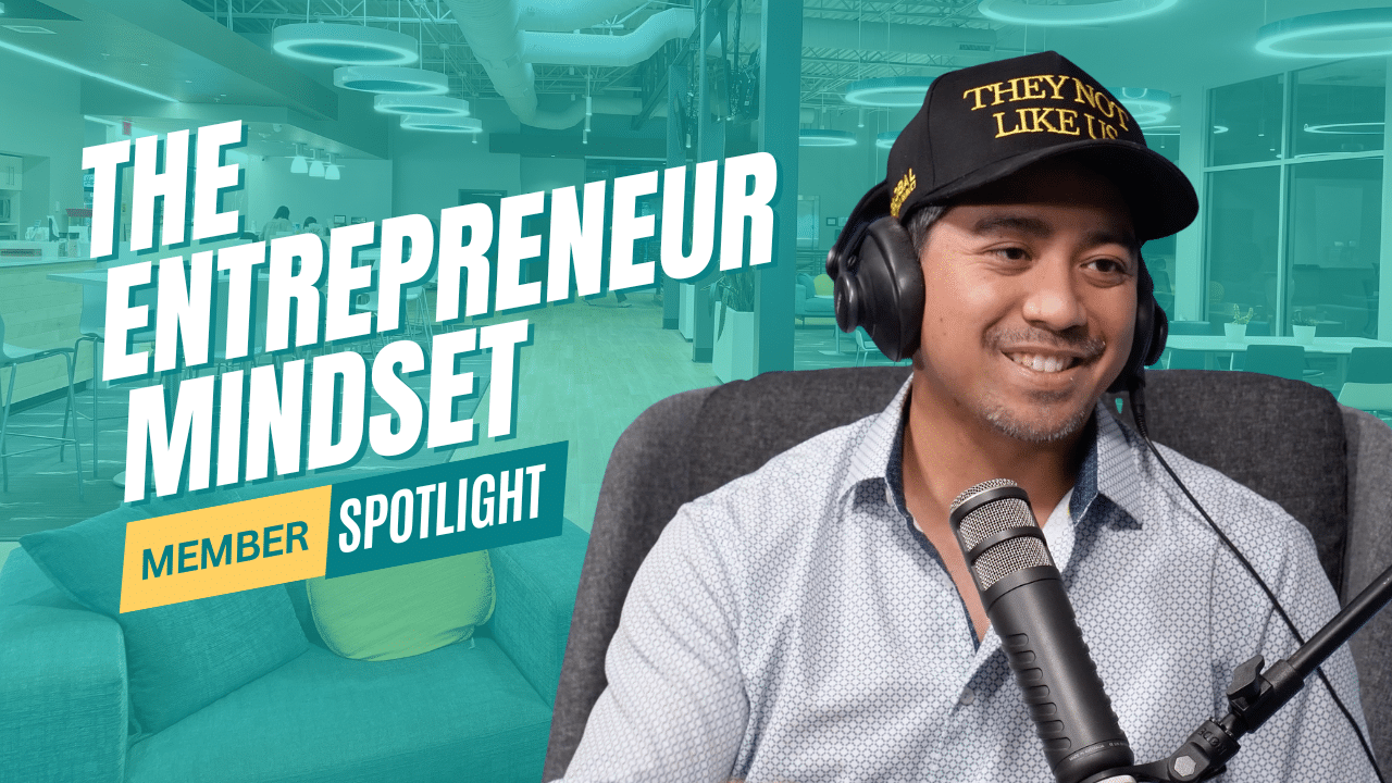 NuvoDesk member spotlight with Conrad Alagaban recording podcast in coworking space